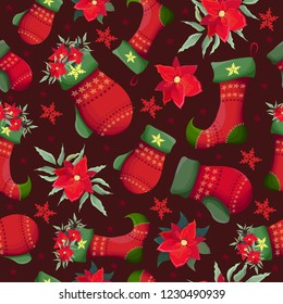 New year seamless pattern on dark background. Red mittens, new year's socks, bouquets of poinsettias and snowflakes. All elements are isolated.