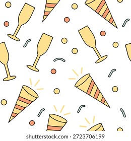 Ano Novo padrão sem costura com festa poppers taças de champanhe e confete para um conceito de celebração de Ano Novo alegre brilhante como padrão de Ano Novo brilhante com festa poppers taças de champanhe e confete para uma vibração de celebração alegre no Conceito de Stock de Foto e espaço vazio no lado esquerdo, sem texto —ar 7:2 —tile