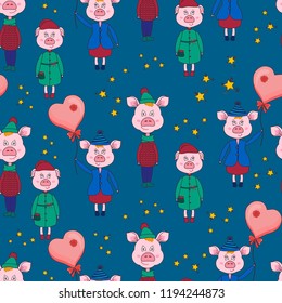 New year seamless pattern with pink pigs and stars on a blue background.Vector illustration.Print for book covers,textile,fabric,wrapping paper,scrapbooking.