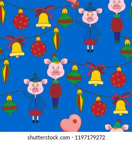 New year seamless pattern with pink pigs and Christmas toy on a blue background.Vector illustration.Print for book covers,textile,fabric,wrapping paper,scrapbooking.