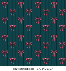 Modelo inconsútil del año Nuevo con los lazos rosados de la cinta en un fondo verde oscuro. Ilustración vectorial para impresiones textiles, embalaje, papel de embalaje, diseño de Navidades