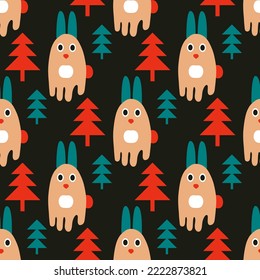 New year seamless pattern with rabbits and Christmas trees. Retro style print for T-shirt, textile, fabric, paper. Hand drawn vector illustration for decor and design.



