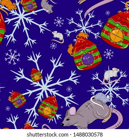 New Year Seamless Pattern with rats, snowflakes and Christmas houses. Vector illustration. 