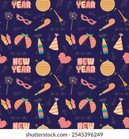 New Year seamless pattern in retro illustration style, Scene is cheerful and festive with champagne, disco ball and more. design texture ideal for printing fabric and paper.
