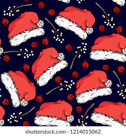  New Year seamless pattern with Santa hat, bells and mistletoe on a dark background.  template for greeting cards, party invitations, posters, stickers, pin, scrapbooking, t-shirt. hand drawn    