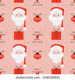 New Year seamless pattern with Santa Claus. Christmas mood. Wallpaper, print, packaging, paper, banner, poster, textile design. Vector illustration.