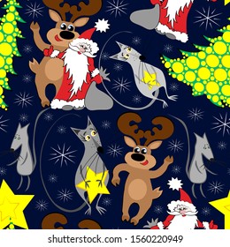 New Year seamless pattern with Santa Claus and snowflakes