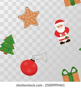 New Year seamless pattern with Santa Claus, Christmas tree, gift, gingerbread cookies and Christmas tree toy on an isolated background. Vector