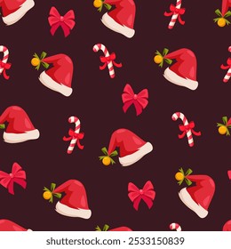 New Year seamless pattern with Santa hat, candy canes and red holiday bows on burgundy background.