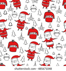 New Year seamless pattern with Santa, sweater and fir. Doodle. Hand drawn elements. 