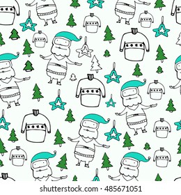 New Year seamless pattern with Santa, sweater and fir. Doodle. Hand drawn elements. 
