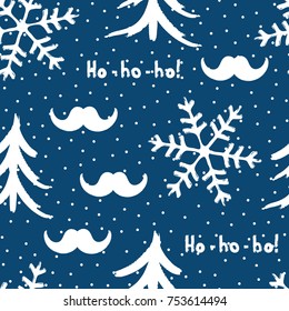 New Year seamless pattern. Santa Claus mustache, Christmas trees, snowflakes and text Ho-ho-ho! Painted by rough brush. Sketch, watercolor, grunge, graffiti. Vector illustration.