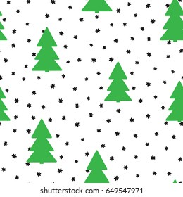 New Year seamless pattern. Silhouette of a Christmas tree and snowflakes drawn by hand. Black, green, white. Vector illustration.