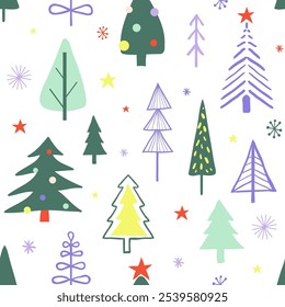 New year seamless pattern with simple primitive doodle christmas trees. Hand drawn winter forest. Funny cartoon background for greeting cards, textile, paper, holiday decoration