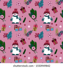 New Year seamless pattern with  snowman, gift box, lollipops, Christmas berries and leaves.