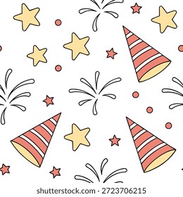 Ano Novo padrão sem costura com estrelas fogos de artifício e chapéus de festa para uma divertida celebração animada sentir conceito como divertido padrão de Ano Novo com estrelas fogos de artifício e chapéus de festa ideais para um design energético animado no conceito de stock de foto e espaço vazio no lado esquerdo, sem texto —ar 7:2 —tile