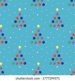 New year seamless pattern with stylized christmass trees made of knick-knacks. Blue background with falling snow. Vector design.