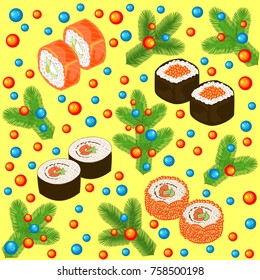 New Year seamless pattern. Sushi, rolls and branches of the Christmas tree, decorated with bright balls. Suitable for packing holiday gifts. Vector illustration.