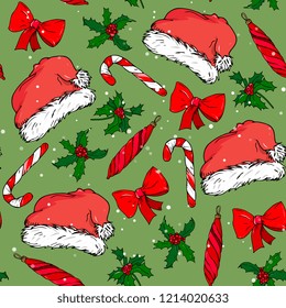  New Year seamless pattern with sweet cane, holly, Santa hat,  on a green background. template for greeting cards, party invitations,posters, stickers, pin, scrapbooking, t-shirt. hand drawn 
