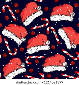  New Year seamless pattern with sweet cane, Santa hat, bells on a dark background.  template for greeting cards, party invitations, posters, stickers, pin, scrapbooking, t-shirt. 