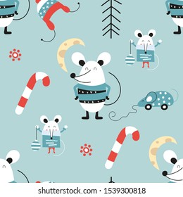 New year seamless pattern with symbol 2020 - cute mouse or rat and holiday decorations. Hand drawn design elements. Vector illustration. Great for wrapping paper.