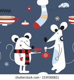 New year seamless pattern with symbol 2020 - cute mouse or rat and holiday decorations on blue background. Hand drawn design elements. Vector illustration. Great for wrapping paper.