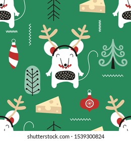 New year seamless pattern with symbol 2020 - cute white mouse or rat, cheese and holiday decorations on green background. Hand drawn design elements. Vector illustration. Great for wrapping paper.