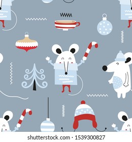 New year seamless pattern with symbol 2020 - cute white mouses or rats and holiday decorations on blue background. Hand drawn design elements. Vector illustration. Great for wrapping paper.