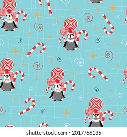 Nuevo año patrón sin fisuras para textiles para niños, papel de envoltura, papel pintado. El fondo es impecable, con pingüinos y caramelos. Eps 10.