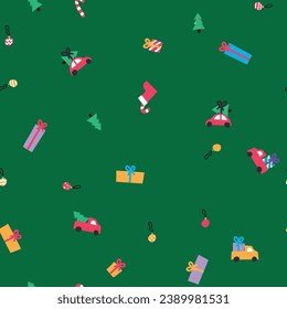 New Year seamless pattern for textile, print, greeting card. Poster on green background. Red car, spruce, fir, blue gift box, yellow bow, ball on rope. Pickup truck with Christmas tree in back. 2024