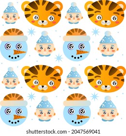 New year seamless pattern with tiger, snowman and elf