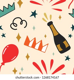 New Year seamless pattern vector illustration for packaging, wrapping paper, textile, wallpaper or scrapbooking paper. Retro style red, orange, green, mint and black colors. Isolated elements.