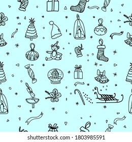 new year seamless pattern, vector. Contains images of Christmas trees, toys, balloons, sleds, mittens, snowflakes, and ribbons.