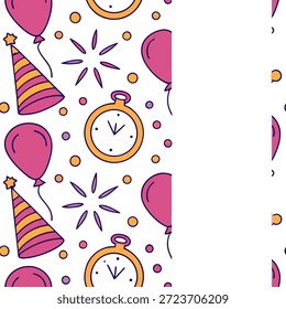 New Year seamless pattern with vibrant balloons party hats and countdown clocks for a high energy fun celebration theme concept as Fun New Year pattern with balloons party hats and countdown clocks for an energetic celebration design in Photo Stock Concept and empty space on the left side,no text --ar 7:2 --tile