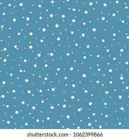 New Year seamless pattern with white snowflakes on blue background. Endless Christmas print. Drawn by hand. Winter vector illustration.