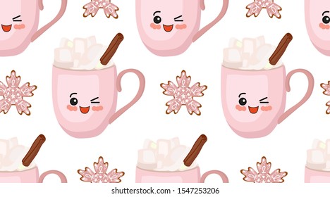 New Year seamless pattern. Winter drinks. Marshmallows, cinnamon and hot chocolate. Tender christmas. Snowflakes baking. Pink cup character.