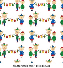 New year seamless pattern with yellow pigs and Christmas toy on a white background.Vector illustration.Print for book covers,textile,fabric,wrapping paper,scrapbooking.