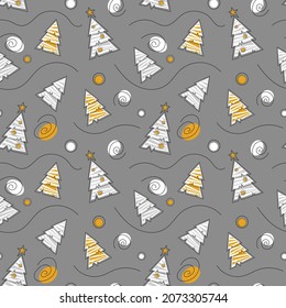 New Year Seamless pattern. Yellow and white Christmas trees on a gray background.