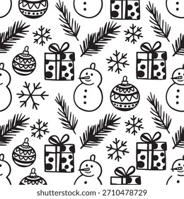 Patrón sin fisuras del año Nuevo. Patrón sin fisuras de las Navidades alegres. Tarjeta negra de felicitación de los Días festivos con un fondo blanco.