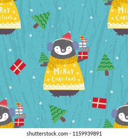 New Year seamless vector pattern, Santa Claus Penguin with Christmas tree, snow and gifts