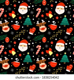New Year seamless vector pattern with bright elements on a black background.Drawn in cartoon style Santa Claus, Rudolph reindeer, Christmas tree,hot chocolate mug and other holiday decoration.