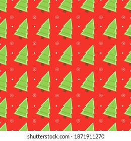 New year seamless vector pattern with Christmas trees and snowflakes on a red solid background for packaging or design