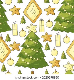 New Year. Seamless vector pattern with stars, Christmas tree decorations. Can be used for fabric and etc