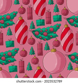 New Year. Seamless vector pattern with Christmas tree decorations. Pattern in hand draw style