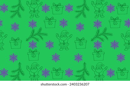 New Year seamless vector pattern. Color illustration of New Year's fir branches, snowflakes and Santa on a green background in cartoon style. Background for packaging, fabric and gift.