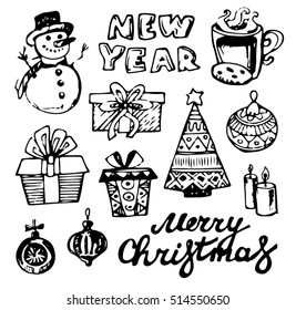 New year season doodle set.Winter wear, sport,gifts,snowflakes,food,animals with other holiday symbols,Christmas elements. Christmas and New Year objects.Hand-drawn with ink. Vector illustration.
