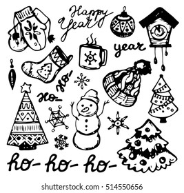 New year season doodle set.Winter wear, sport,gifts,snowflakes,food,animals with other holiday symbols,Christmas elements. Christmas and New Year objects.Hand-drawn with ink. Vector illustration.