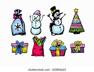 New year season doodle set.Winter snowman, gifts, snowflakes other holiday symbols,Christmas elements. Christmas and New Year objects.Hand-drawn with ink. Vector illustration.