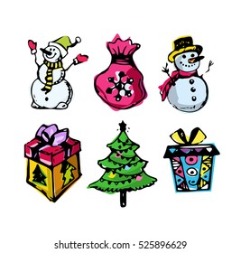 New year season doodle set.Winter snowman, gifts, snowflakes other holiday symbols,Christmas elements. Christmas and New Year objects.Hand-drawn with ink. Vector illustration.