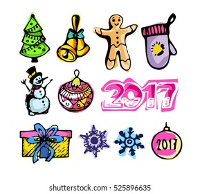 New year season doodle set.Winter snowman, gifts, snowflakes other holiday symbols,Christmas elements. Christmas and New Year objects.Hand-drawn with ink. Vector illustration.